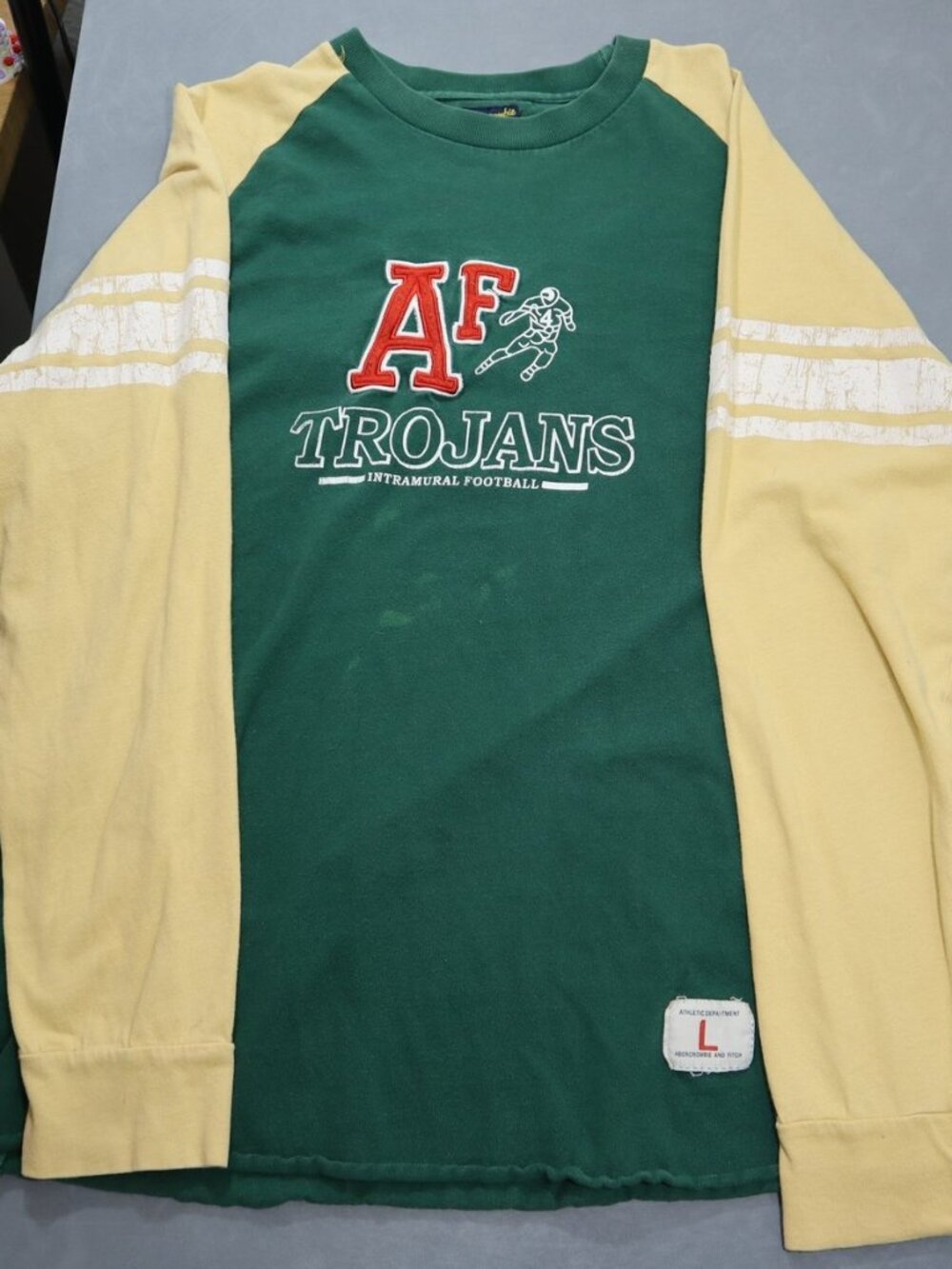 Abercrombie & Fitch Trojans Football Raglan Tee L Green Yellow Long Sleeve